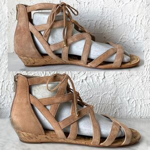 Sam Edelman Tan Gladiator Sandals Back Zip Low Cork Wedge Heel Women's 10